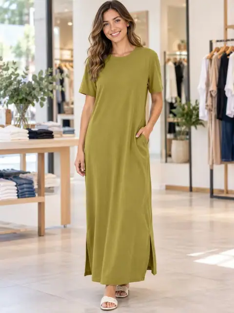 Vestido longo verde oliva de manga curta