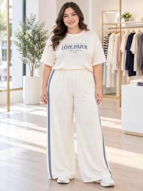 Conjunto plus size off-white com camiseta e calça ampla